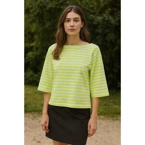 Saint James Breton Marinière Stripe Top Lime Green White, 3/4 Wide Sleeves US12